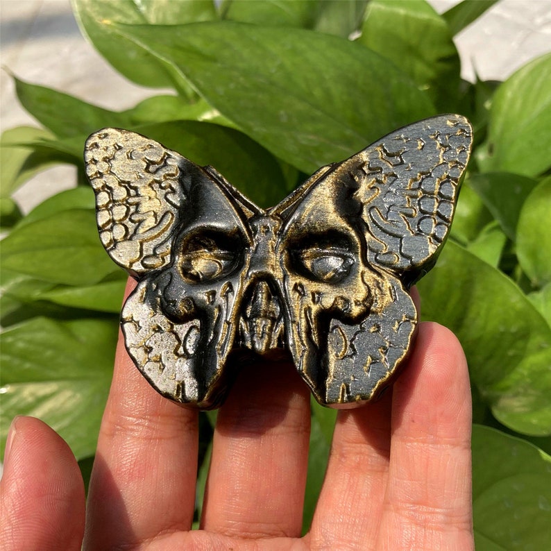 3" Gold Obsidian Butterfly Skull