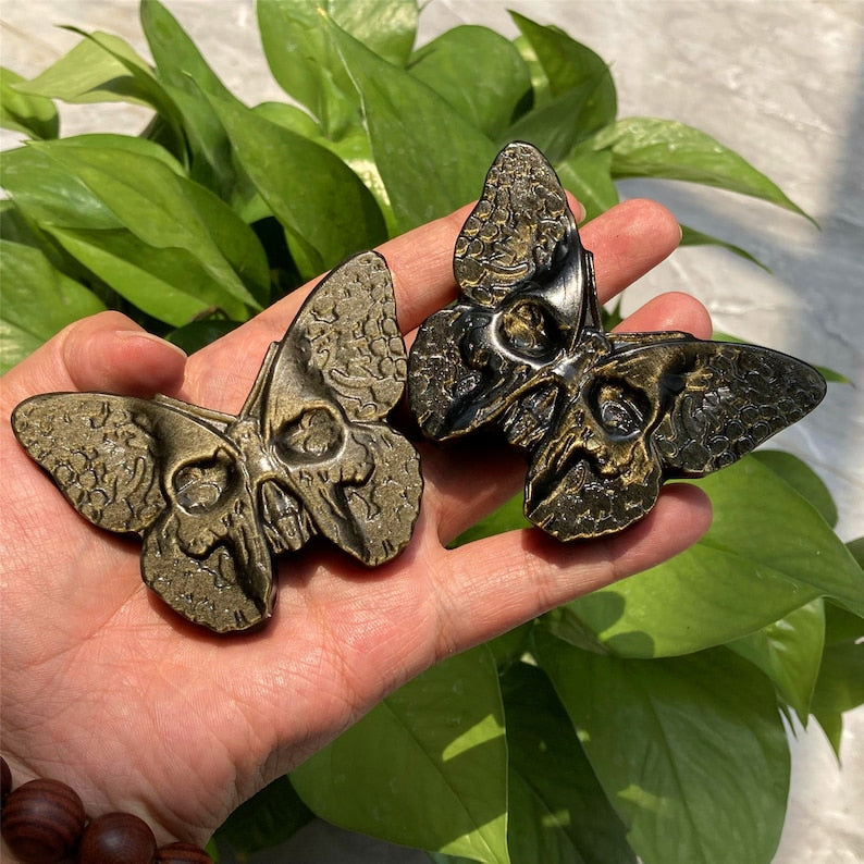 3" Gold Obsidian Butterfly Skull