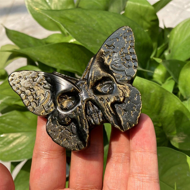 3" Gold Obsidian Butterfly Skull