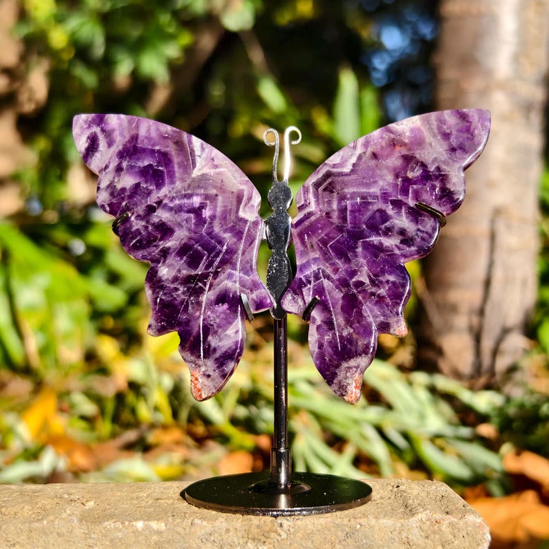 Hand Carved Dream Amethyst Butterfly Wing With Stand