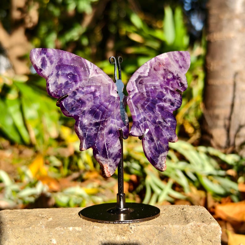 Hand Carved Dream Amethyst Butterfly Wing With Stand