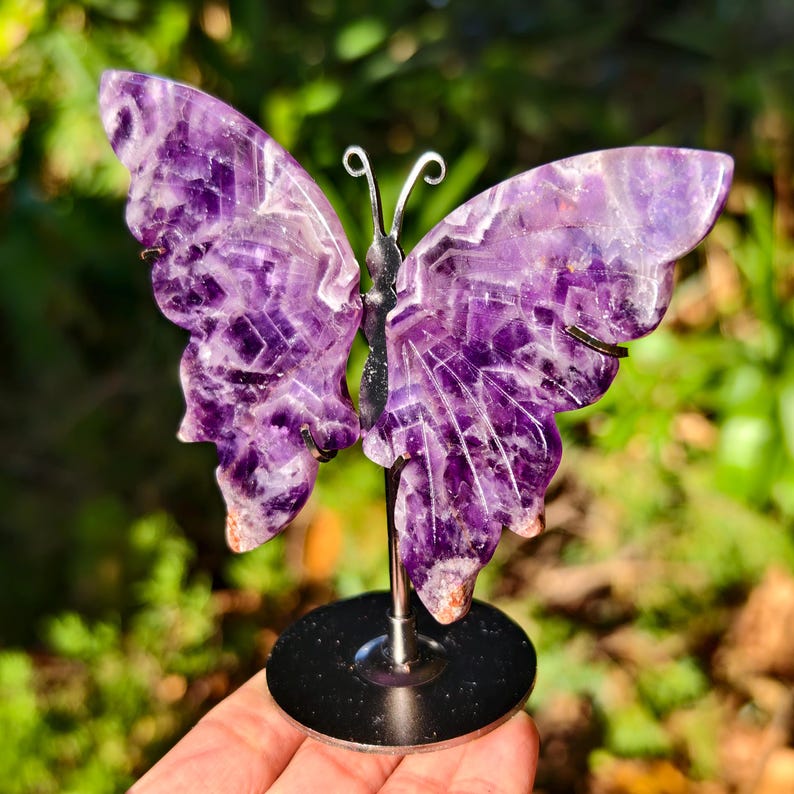 Hand Carved Dream Amethyst Butterfly Wing With Stand