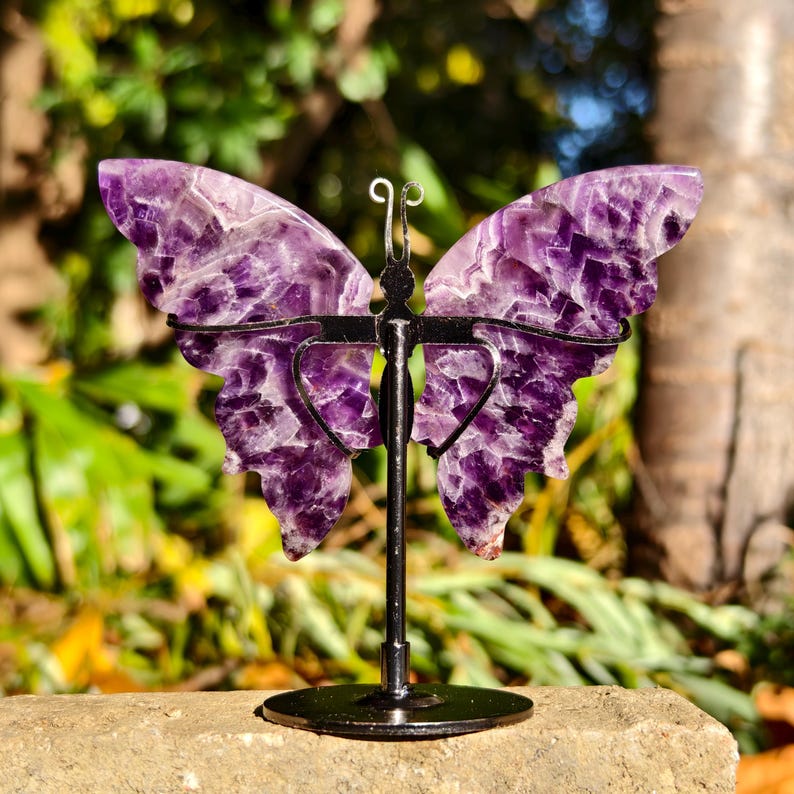 Hand Carved Dream Amethyst Butterfly Wing With Stand
