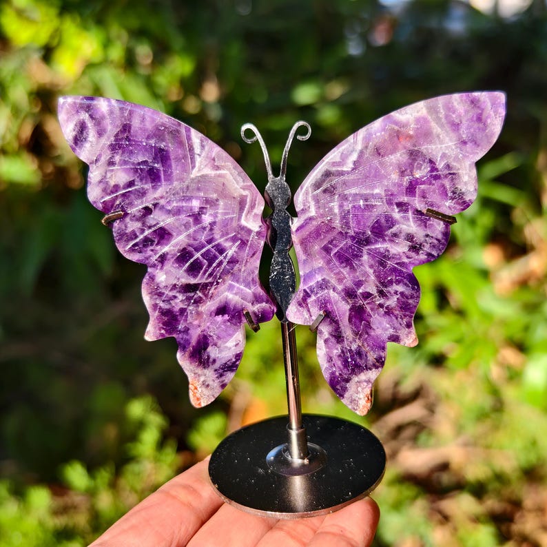 Hand Carved Dream Amethyst Butterfly Wing With Stand