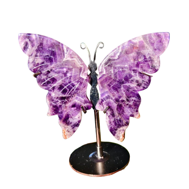 Hand Carved Dream Amethyst Butterfly Wing With Stand