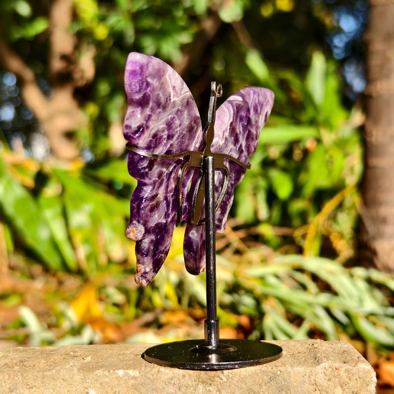 Hand Carved Dream Amethyst Butterfly Wing With Stand