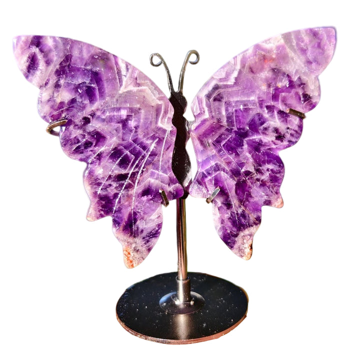 Hand Carved Dream Amethyst Butterfly Wing With Stand