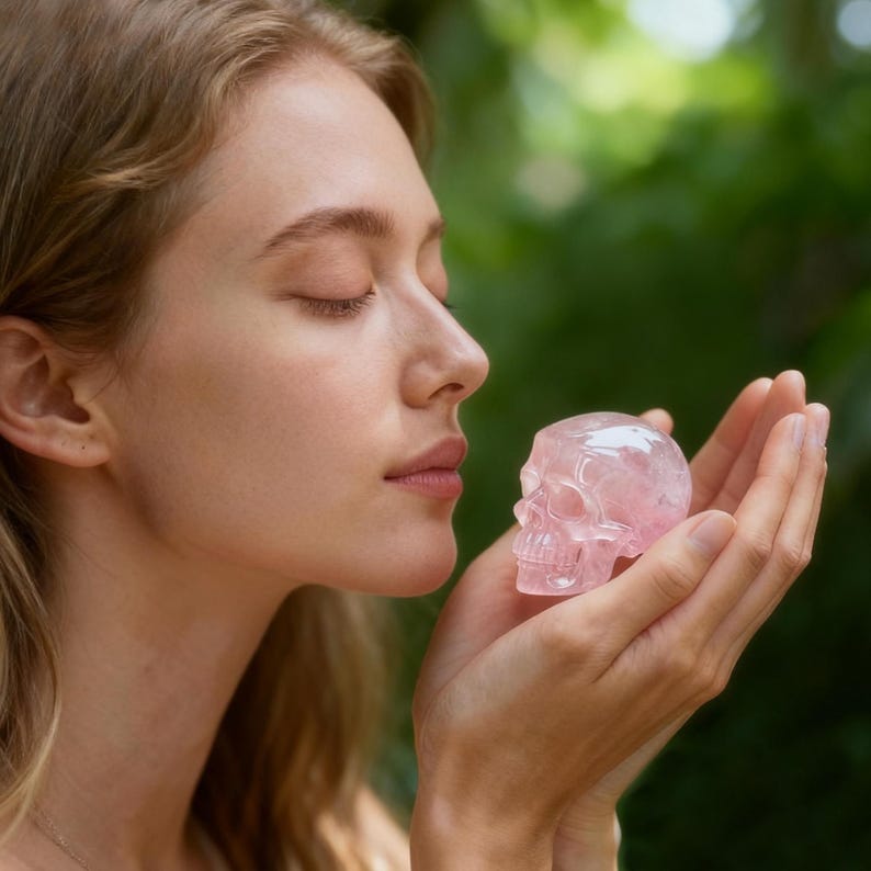 3" Hand Carved Rose Quartz Crystal Skull